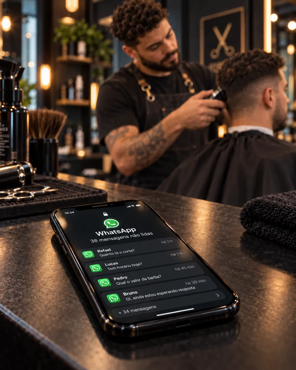 Celular do barbeiro no balcão com 38 mensagens do WhatsApp perguntando o valor, enquanto ele corta